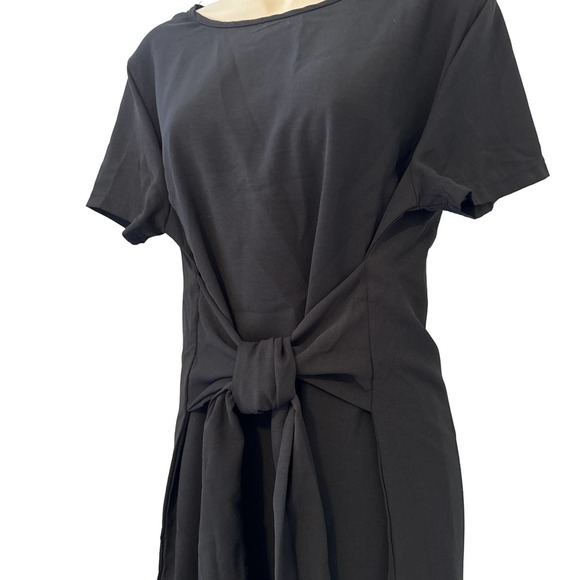 PrettyGarden Black Silky‎ Short Sleeve Lined Dress with Middle Tie Medium NWT - Picture 2 of 8